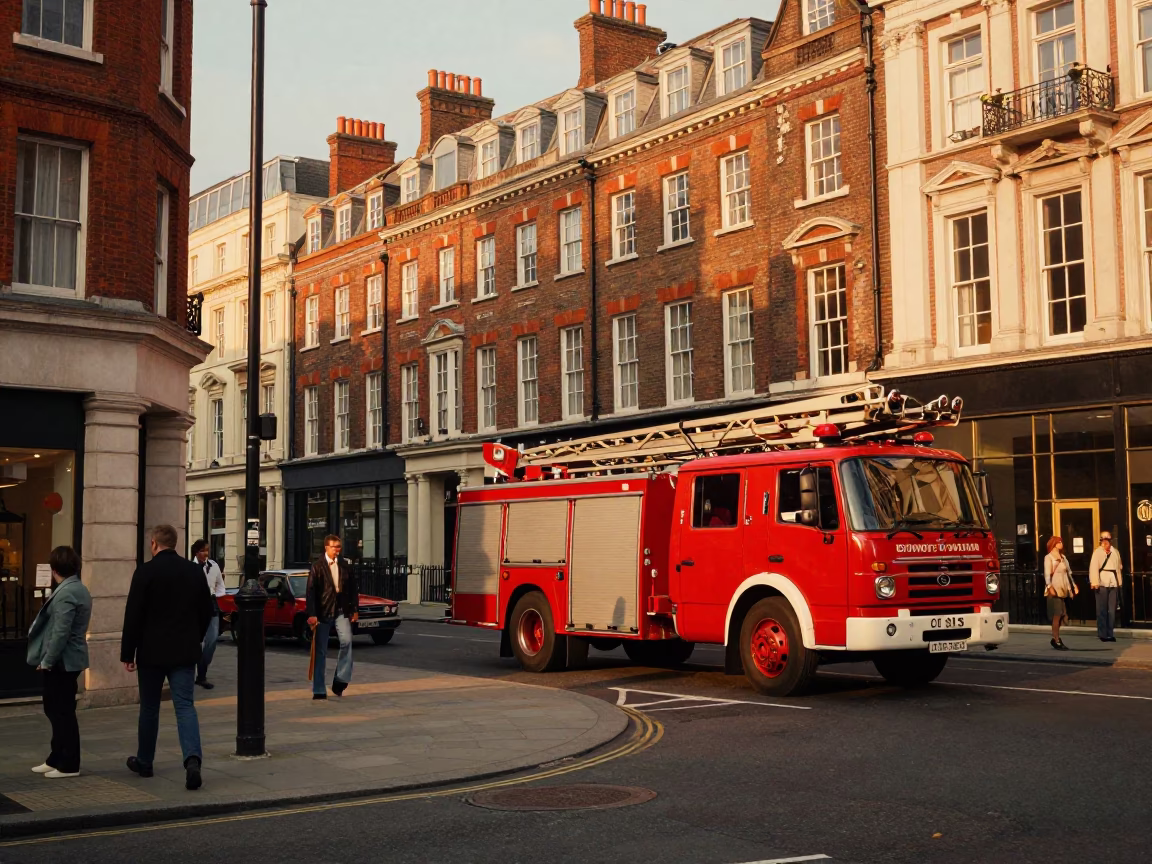 Vintage 1970s London Evening Street Scene with Fire Engine and Colorful Details in in London, United Kingdom