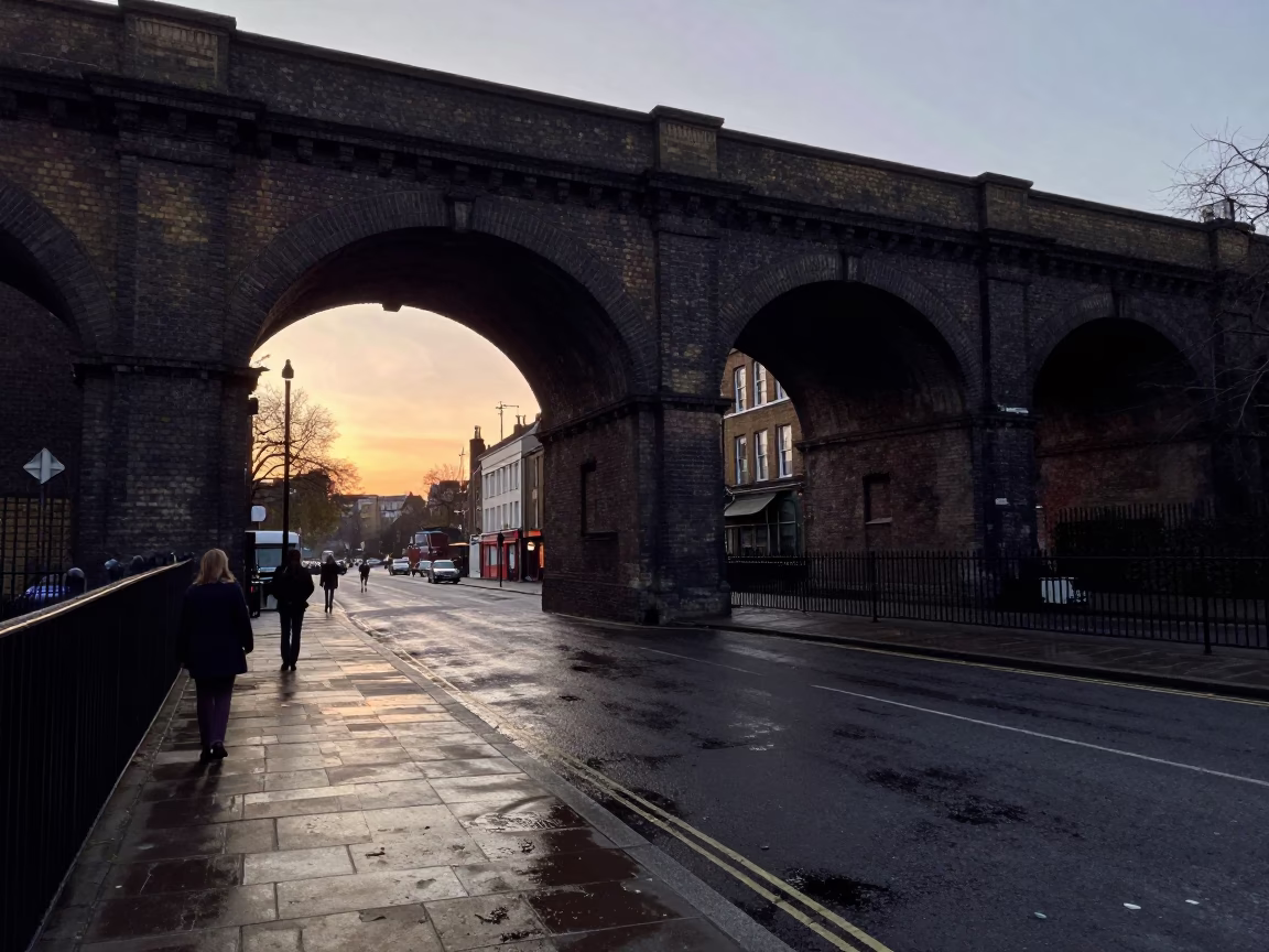 Vintage 1970s London Street Scene at Dawn with Metal Bucket and Viaduct in in London, United Kingdom