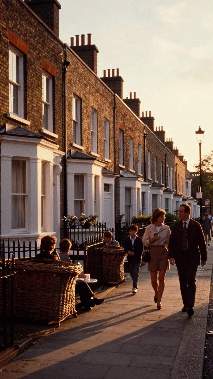 Vintage 1970s London Street Scene at Sunset with Wicker Shadow on Drawer Pull in in London, United Kingdom