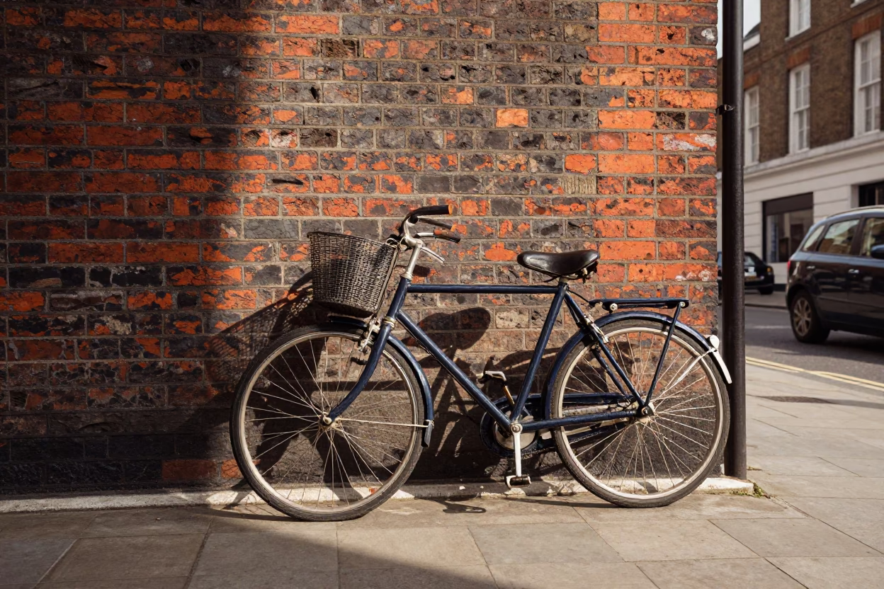Vintage 1970s London Street Scene with Bicycle Leaning Against Traditional Brick Pub in in London, United Kingdom