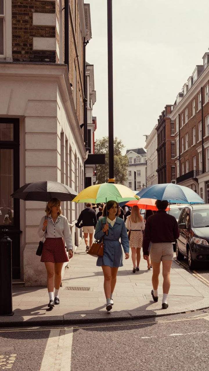 Vintage 1970s London Street Scene with Colorful Umbrellas and Brick Architecture in in London, United Kingdom