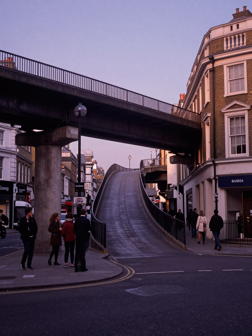 Vintage 1970s London Street Scene with Overpass Ramp Against Violet Dawn Sky in in London, United Kingdom