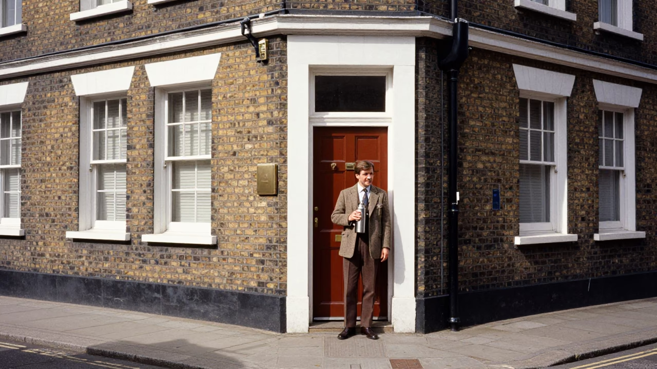 Vintage 1970s London Street Scene with Thermos and Door Mats Outside Brick Shop in in London, United Kingdom