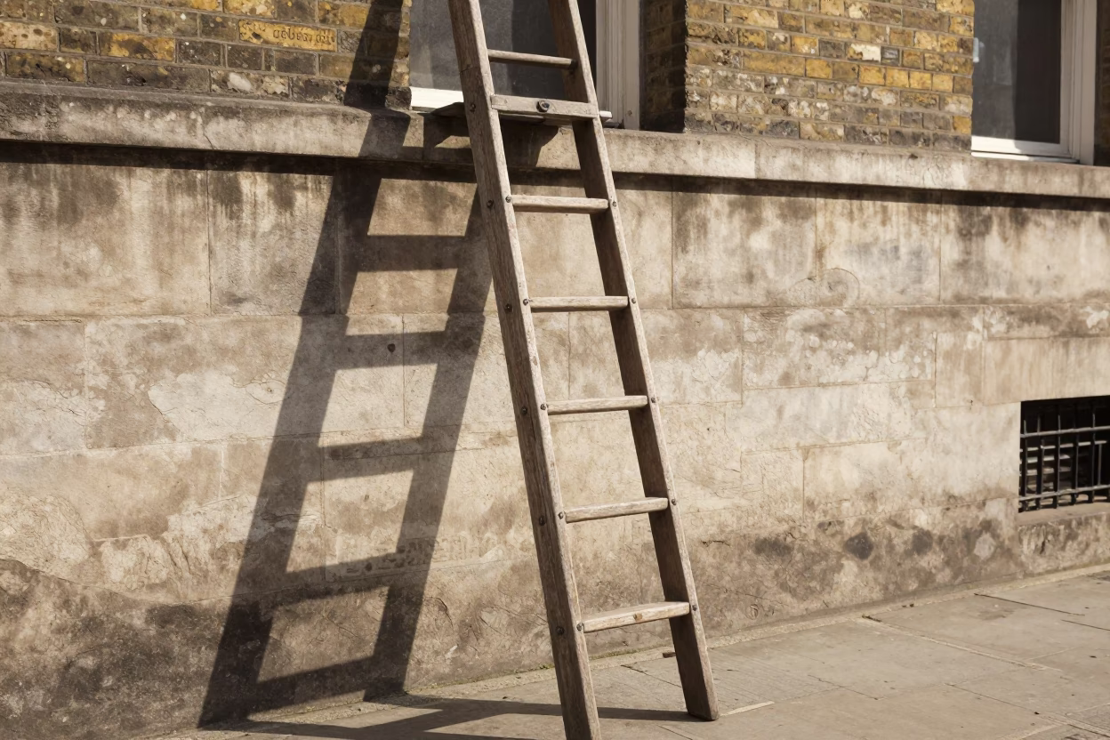 Vintage 1970s London Street Scene with Wooden Ladder and River Foam Near Sluice Gate in in London, United Kingdom