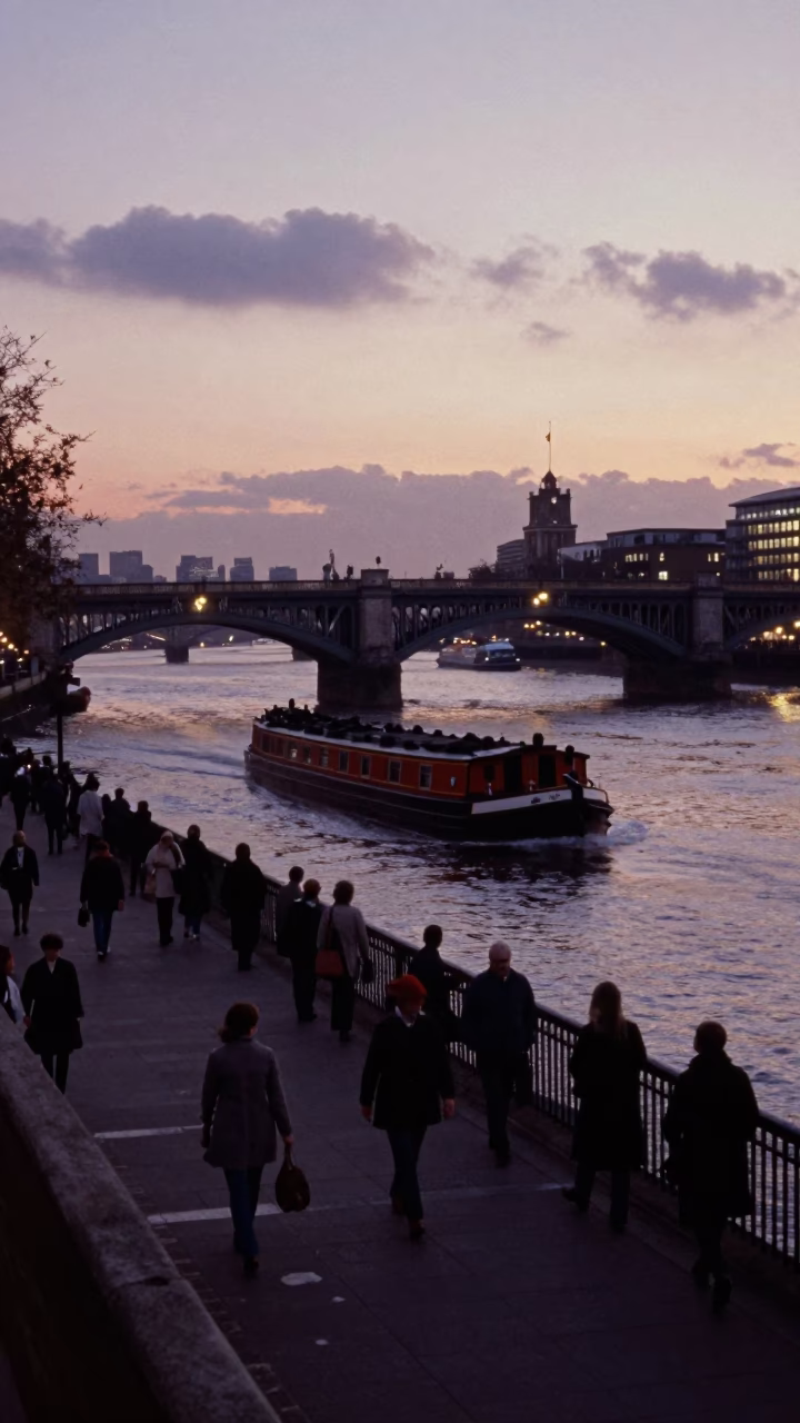 Vintage 1970s London Twilight Street Scene with Coal Barge and Chain Ferry in in London, United Kingdom