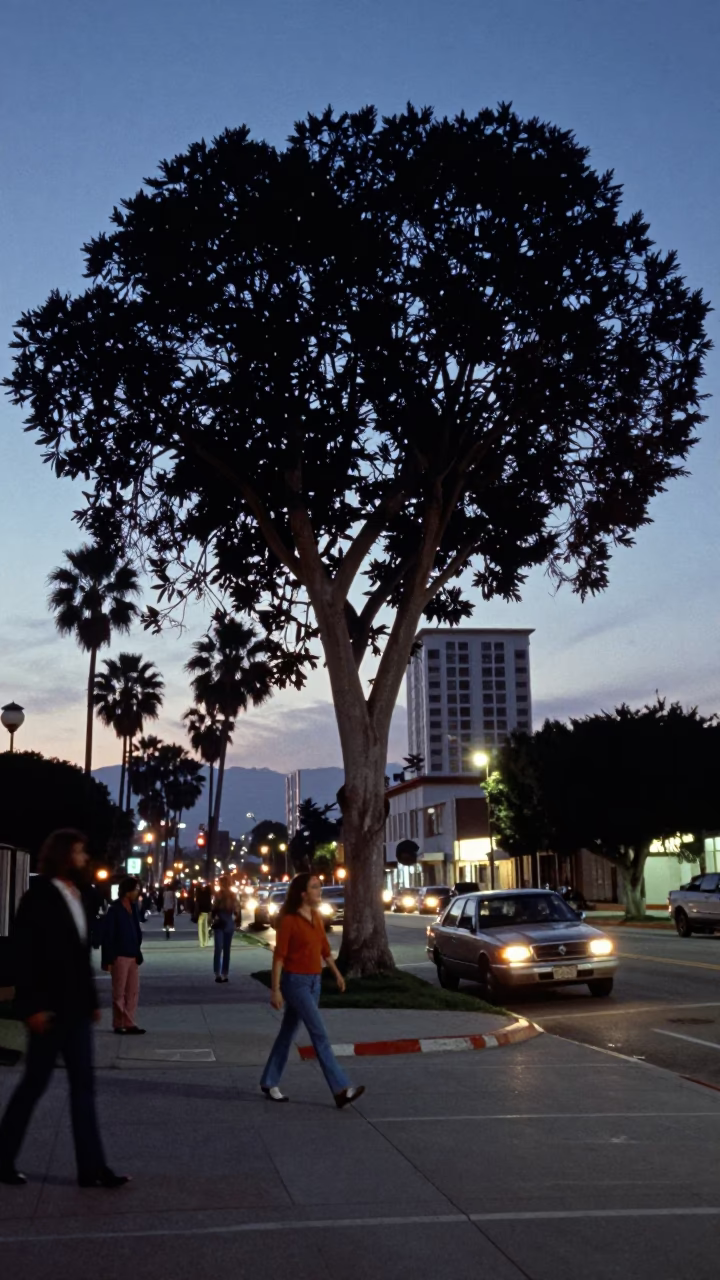 Vintage 1970s Los Angeles Evening Street Scene with Copper Beech Tree and Dusk Light in in Los Angeles, California, United States