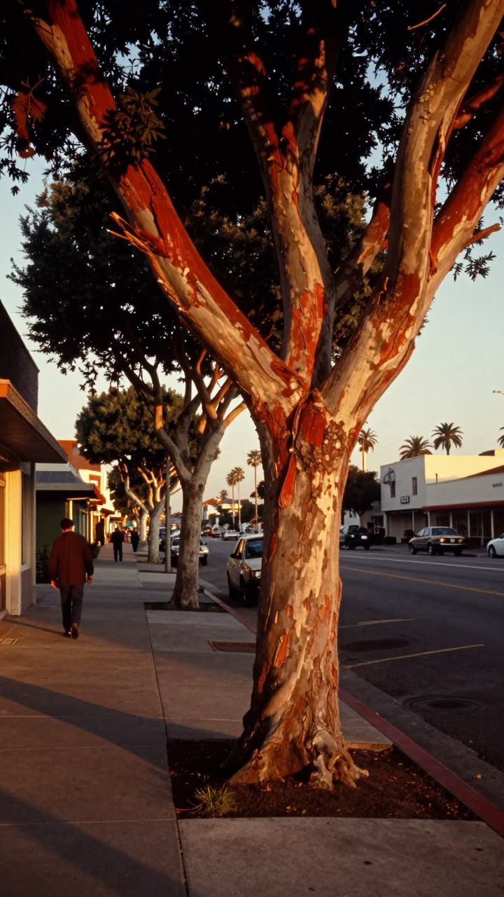 Vintage 1970s Los Angeles Street Scene with Madrone Tree and Evening Light in in Los Angeles, California, United States