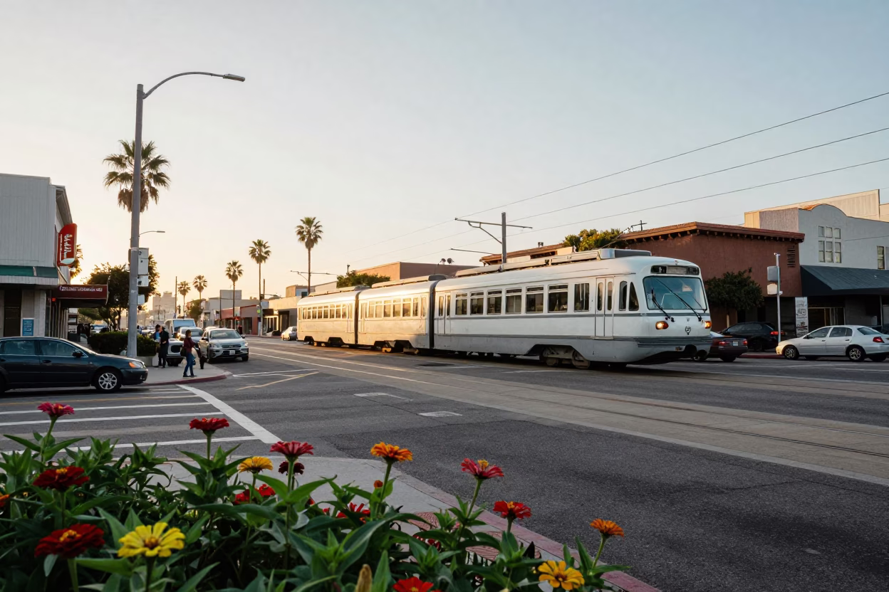 Vintage 1970s Los Angeles Street Scene with Monorail and Zinnia Garden at Sunrise in in Los Angeles, California, United States