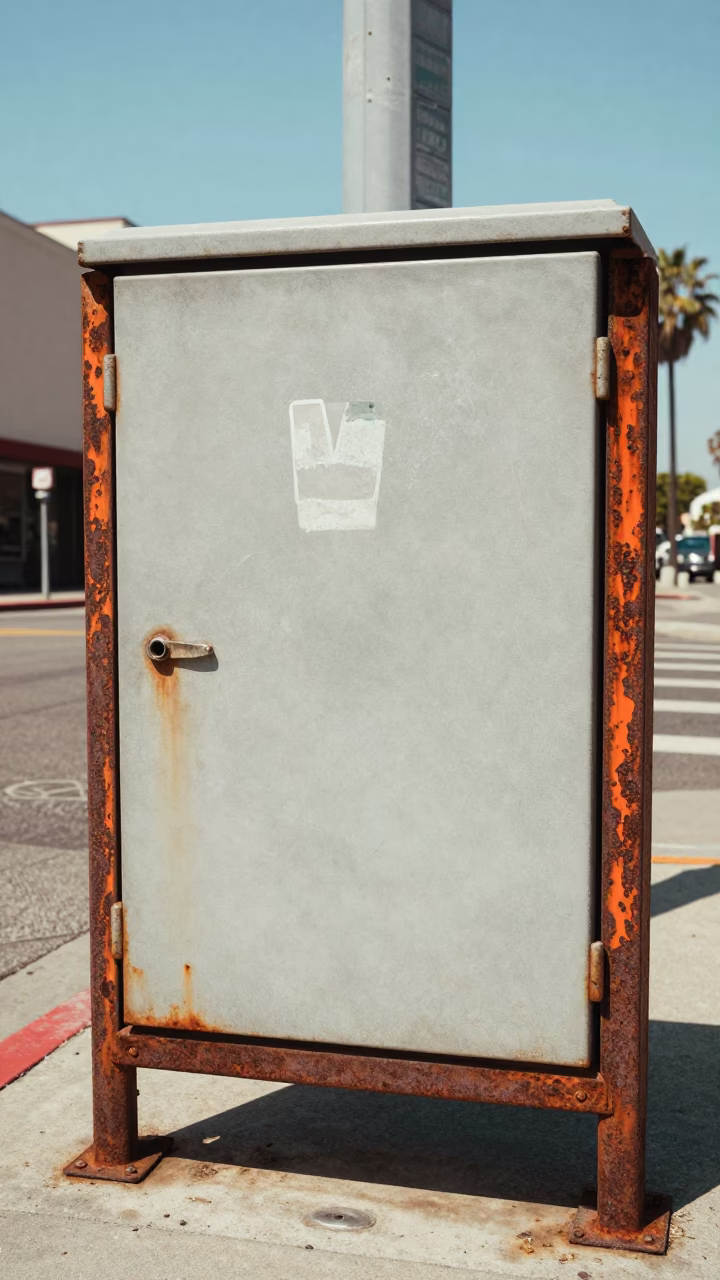 Vintage 1970s Los Angeles Street Scene with Rusty Metal Frame and Midday Sunlight in in Los Angeles, California, United States