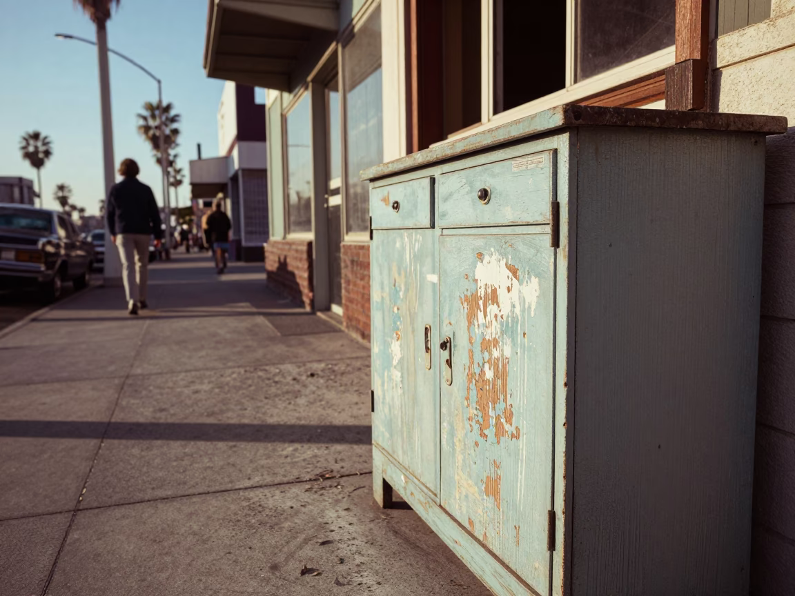 Vintage 1970s Los Angeles Street Scene with Scuffed Painted Wood and Grease Sheen in in Los Angeles, California, United States