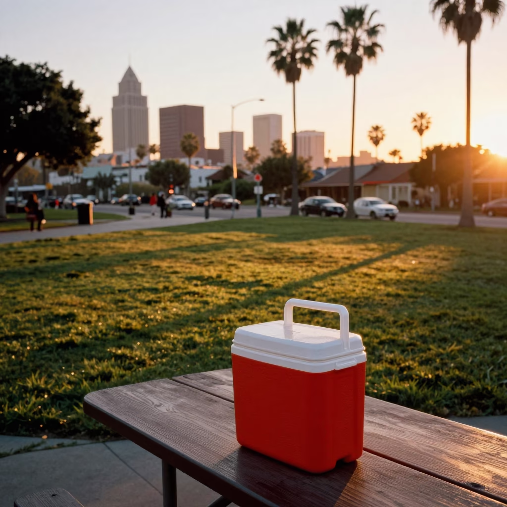 Vintage 1970s Los Angeles Sunset Street Scene with Cooler Jug and Swan Pedal Boat in in Los Angeles, California, United States
