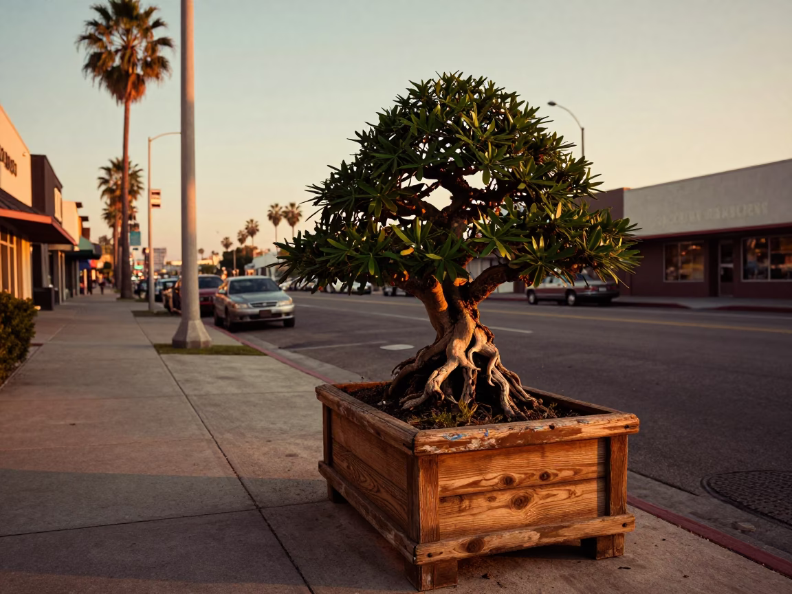 Vintage 1970s Los Angeles Sunset Street Scene with Jade Plant and Chili Peppers in in Los Angeles, California, United States