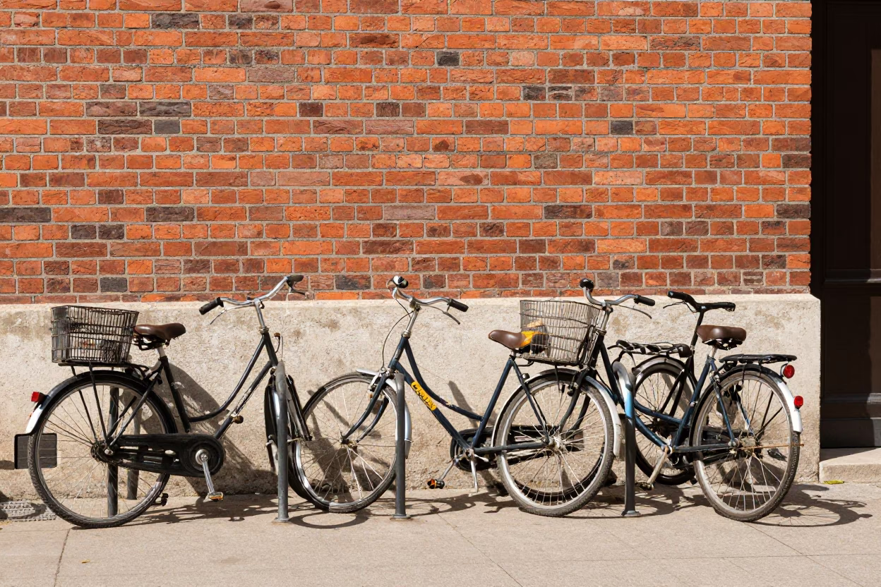 Vintage 1970s Lyon France Campus Bicycle Rack Outside Red Brick Lecture Building at Noon in in Lyon, France