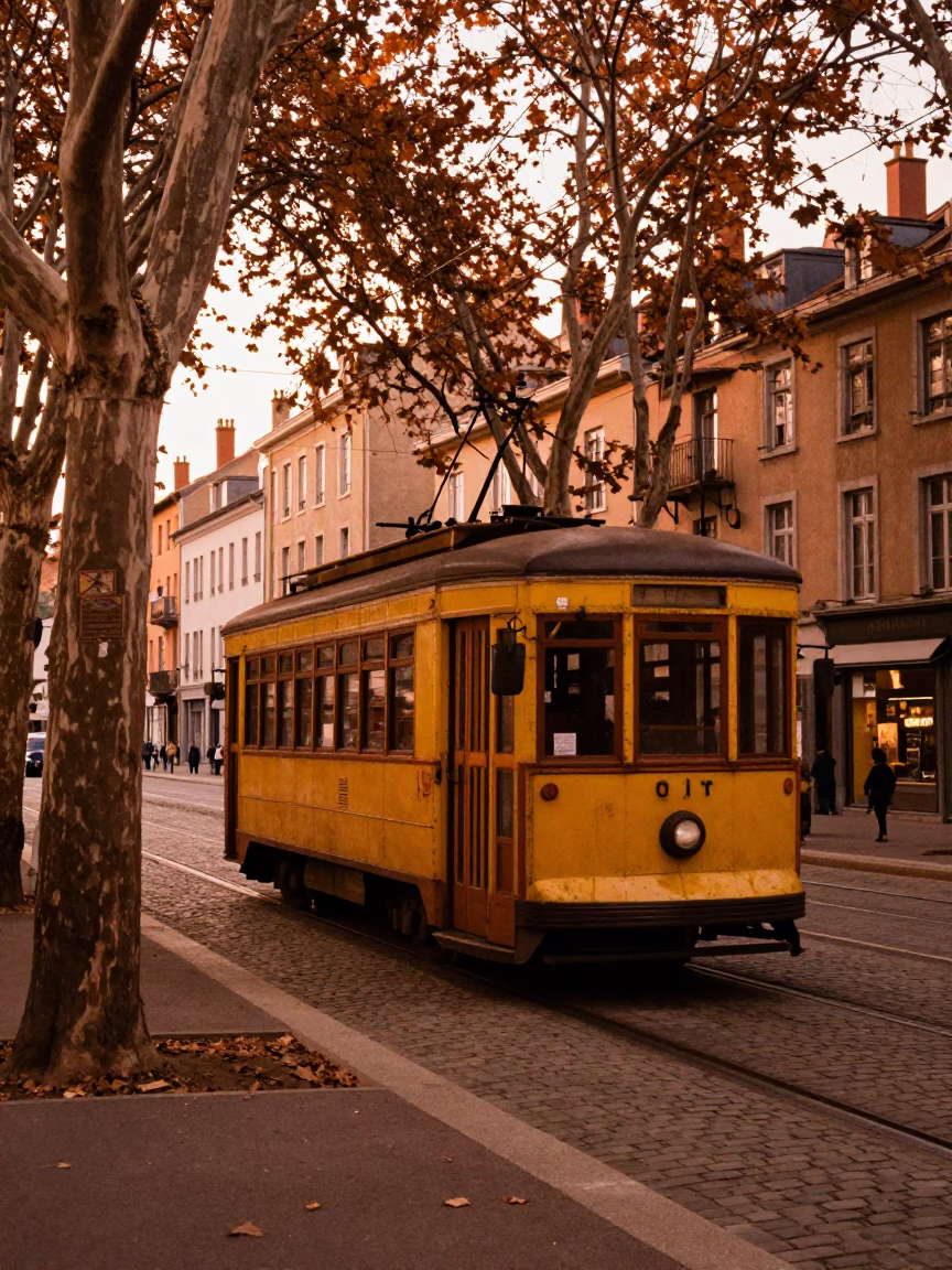 Vintage 1970s Lyon France street scene with old trolley and copper dusk light in in Lyon, France