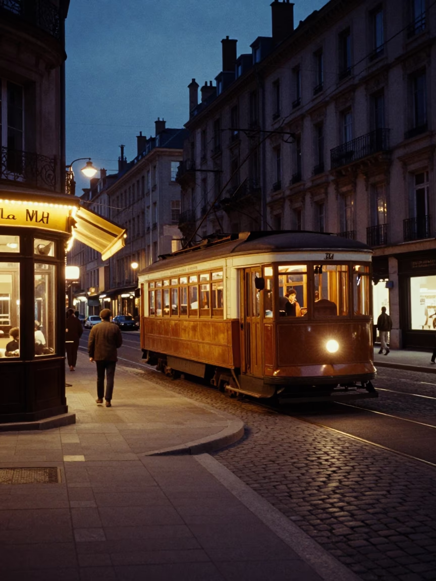 Vintage 1970s Lyon Night Scene with Heritage Tram and Local Diners in Cardigans in in Lyon, France