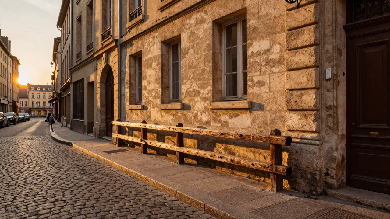 Vintage 1970s Lyon Sunset Street Scene with Peg Rail and Local Life in in Lyon, France