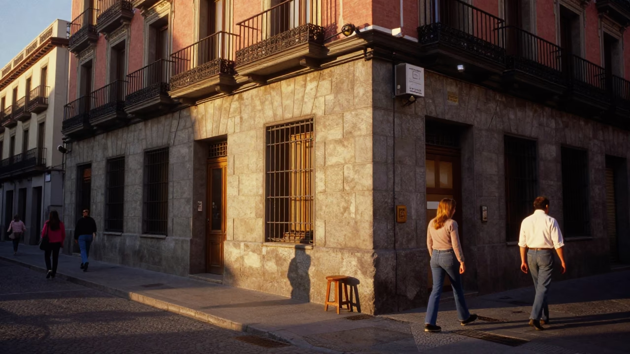 Vintage 1970s Madrid Golden Hour Street Scene with Wooden Stool and Local Market Interaction in in Madrid, Spain