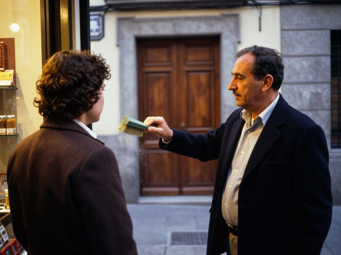 Vintage 1970s Madrid Street Scene with Coat Brush and Brass Rim Details at Dusk in in Madrid, Spain