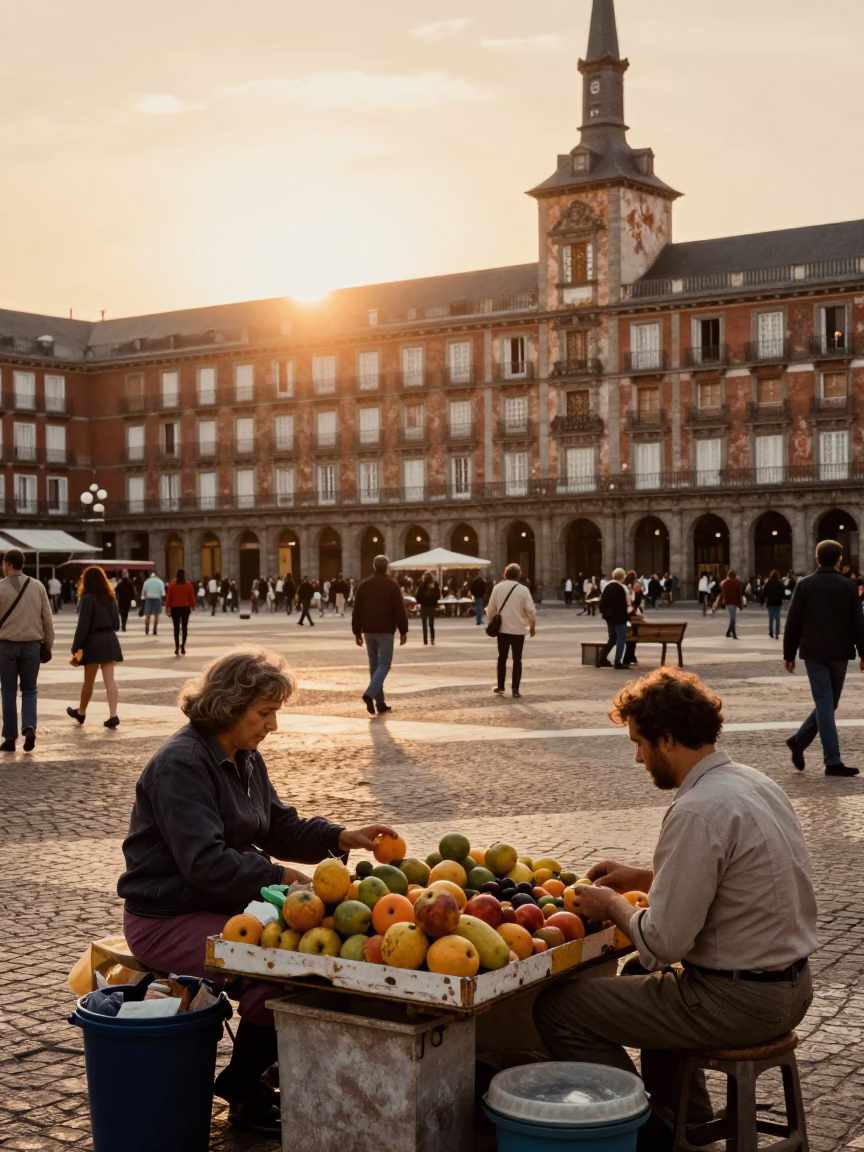 Vintage 1970s Madrid Street Scene with Local Vendor and Traditional Architecture in in Madrid, Spain