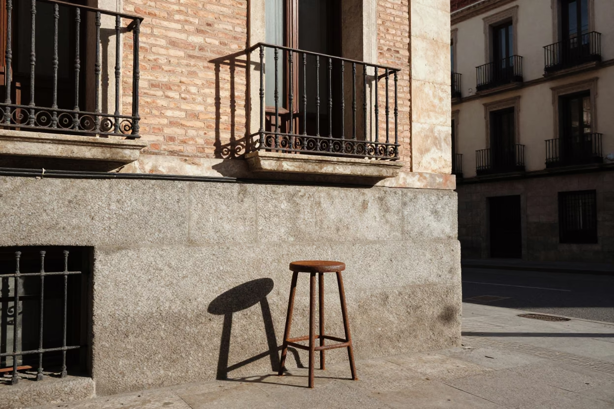 Vintage 1970s Madrid Street Scene with Rusty Stool and Wax Seal on Balcony in in Madrid, Spain