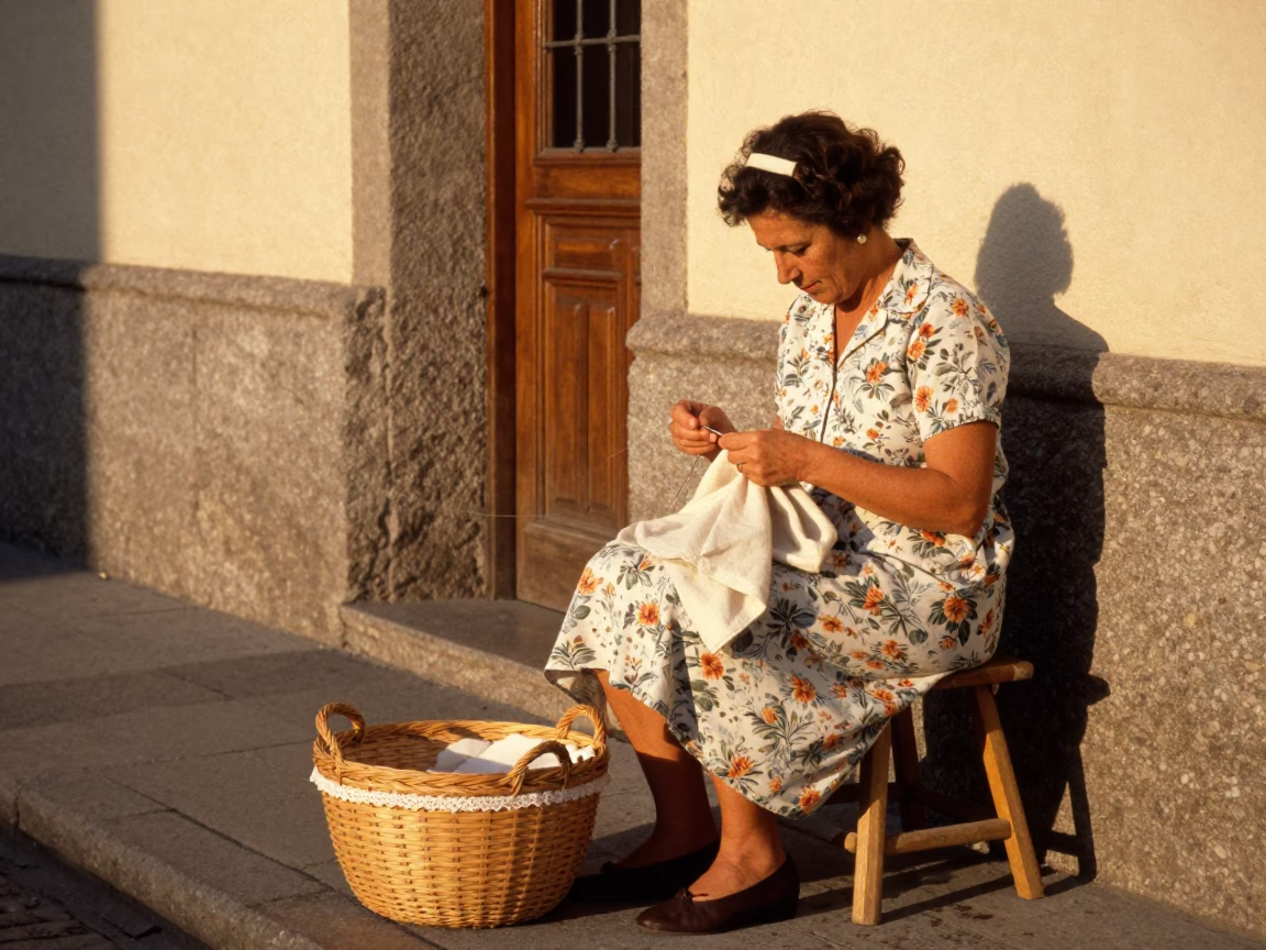 Vintage 1970s Madrid Street Scene with Sewing Basket and Local Life in in Madrid, Spain