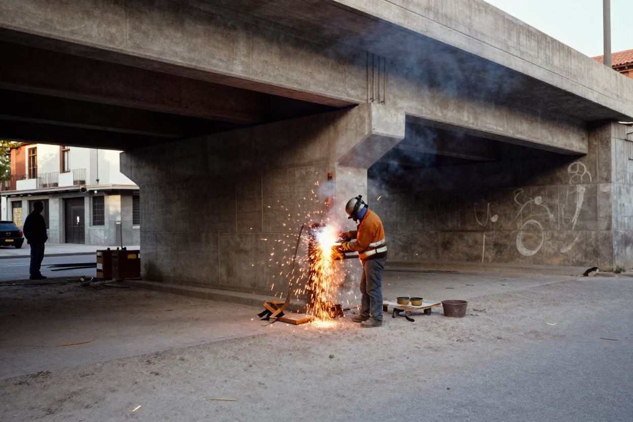 Vintage 1970s Madrid Street Scene with Welding Sparks Under Bridge Construction in in Madrid, Spain