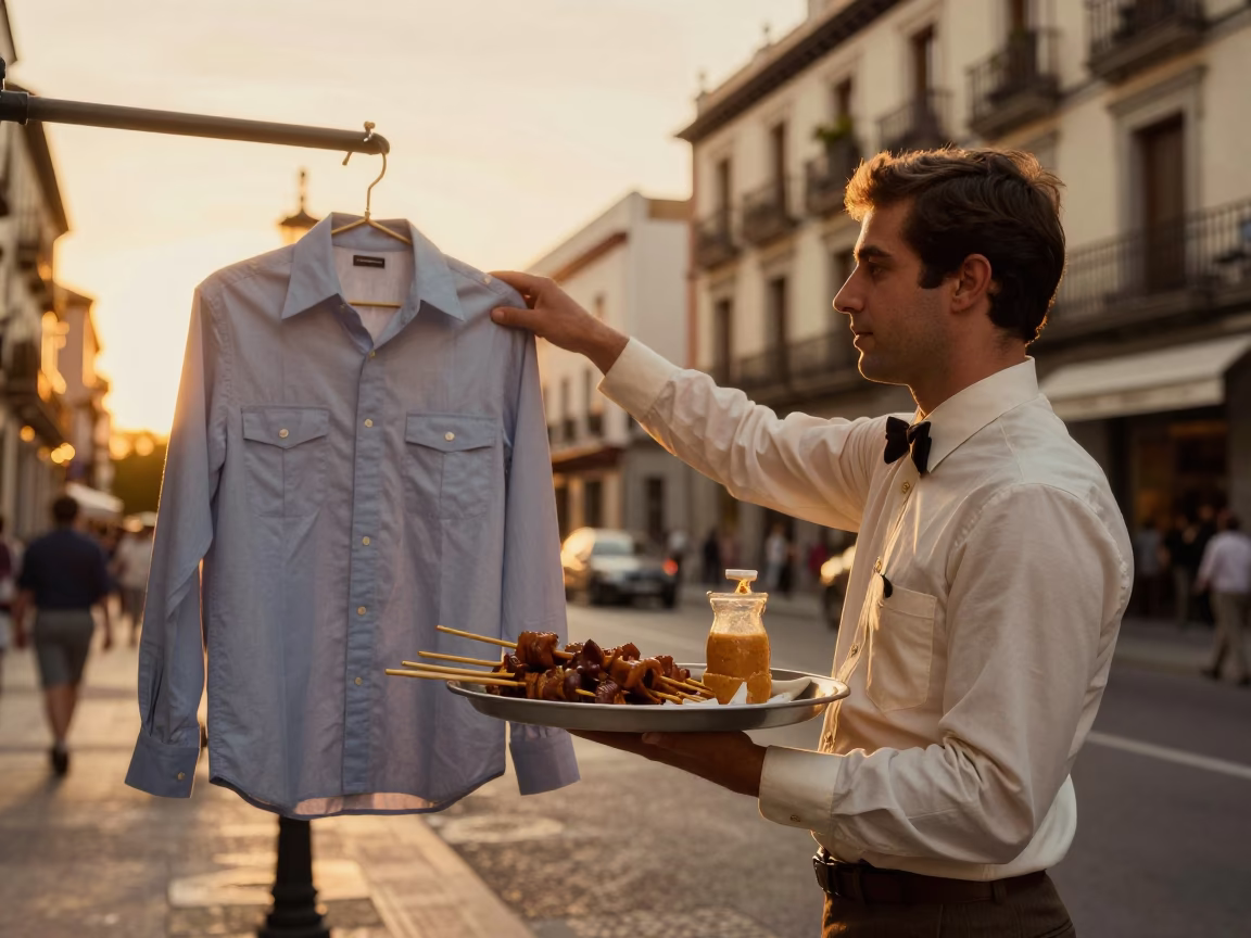 Vintage 1970s Madrid Sunset Street Scene with Shirt Hanger and Satay Skewers in in Madrid, Spain