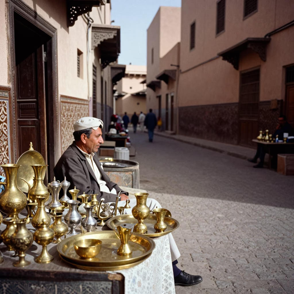 Vintage 1970s Marrakech Street Scene with Brass Goods and Late Afternoon Light in in Marrakech, Morocco