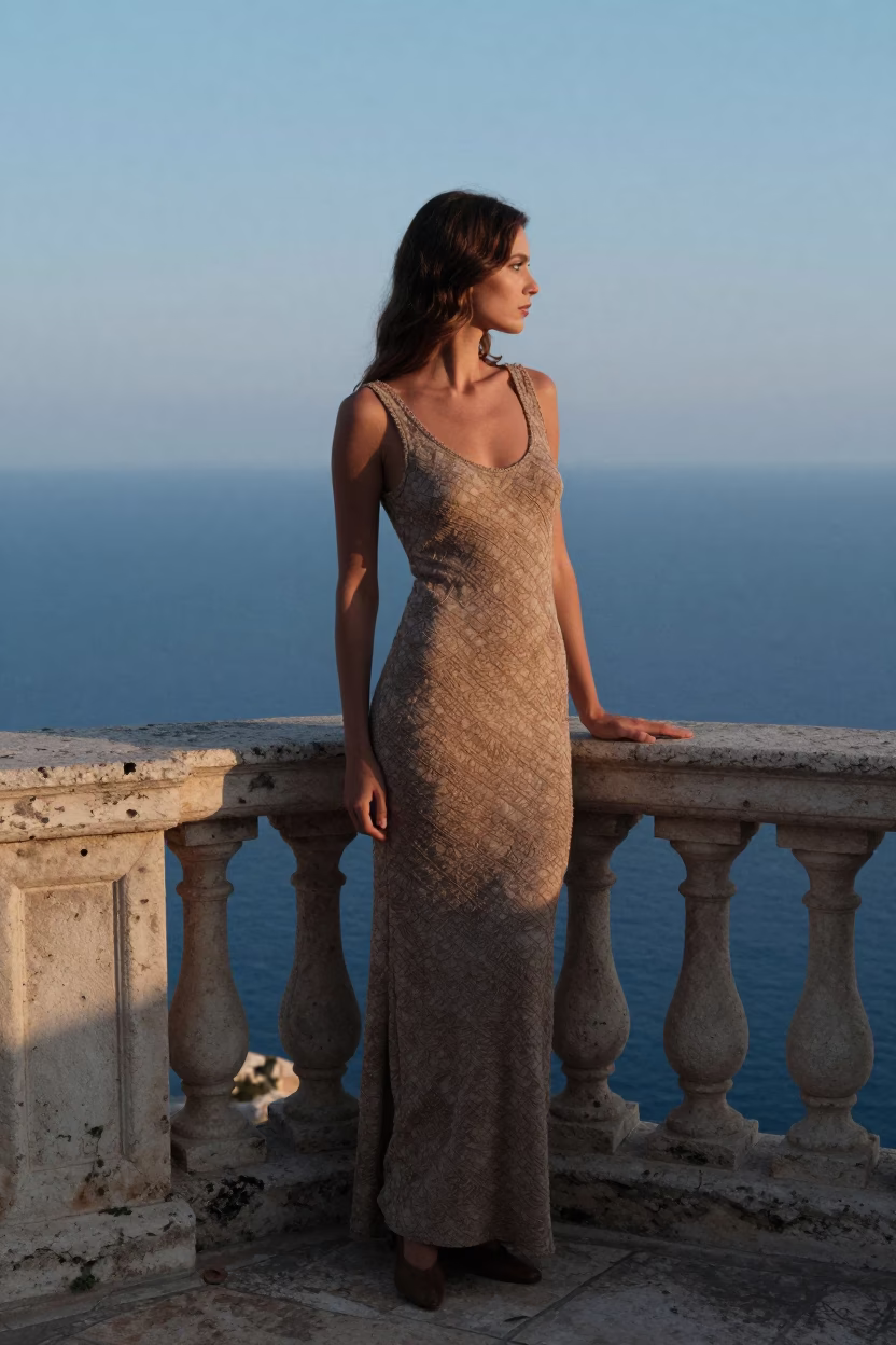Vintage 1970s Marseille Fashion Portrait on Coastal Balcony Before Sunrise in in Marseille, France