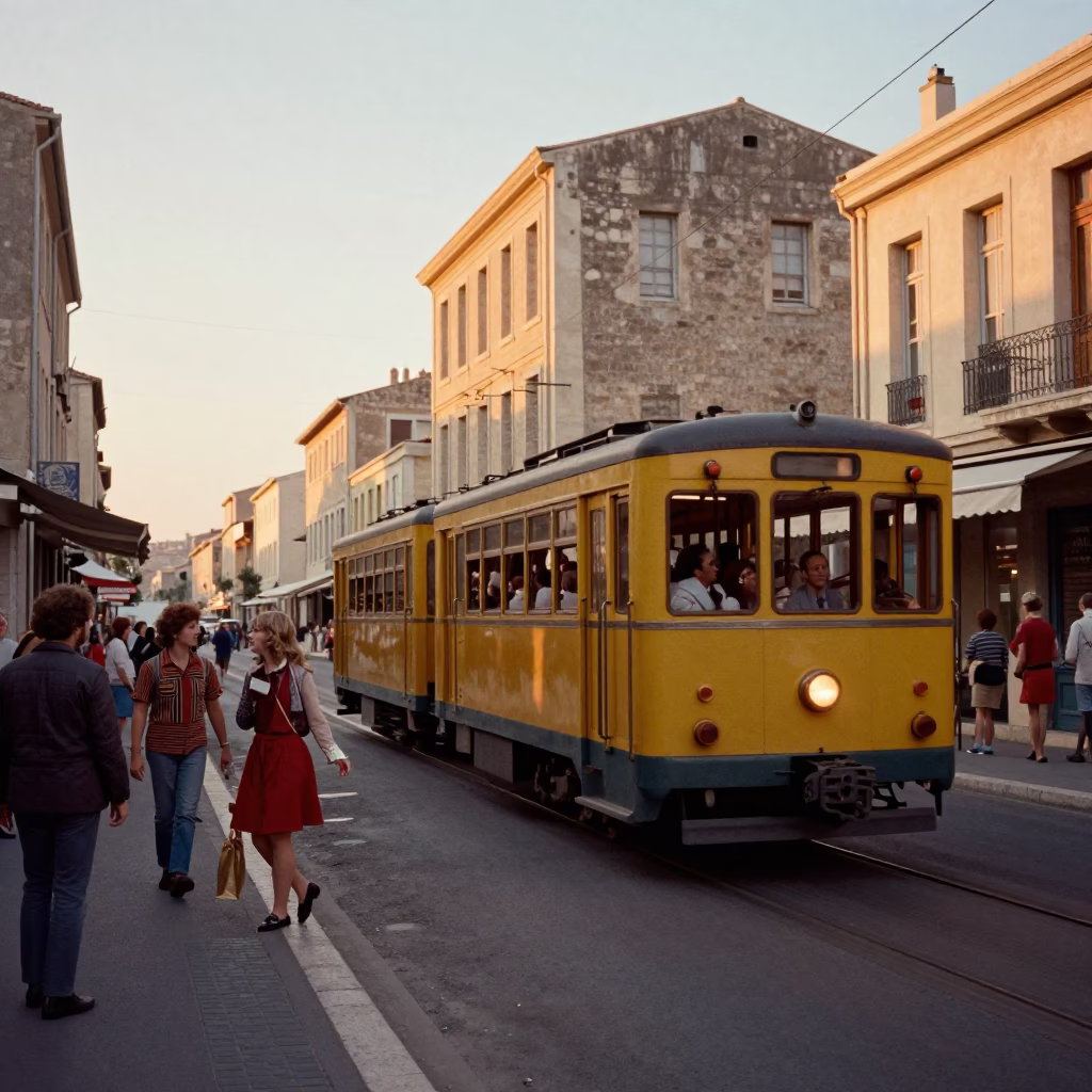 Vintage 1970s Marseille Street Scene with Narrow Gauge Train and Hummus Spread in in Marseille, France