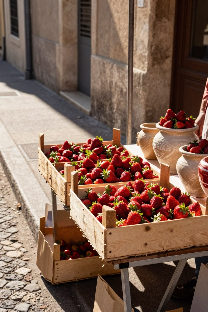 Vintage 1970s Marseille Street Scene with Strawberries and Stoneware Crocks in in Marseille, France