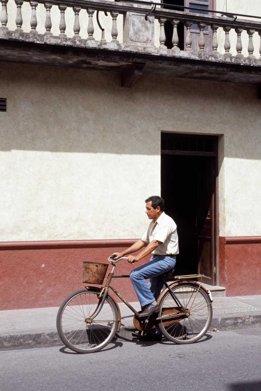 Vintage 1970s Medellin Street Scene with Bicycle and Rusty Frame in Bright Midmorning Light in in Medellin, Colombia