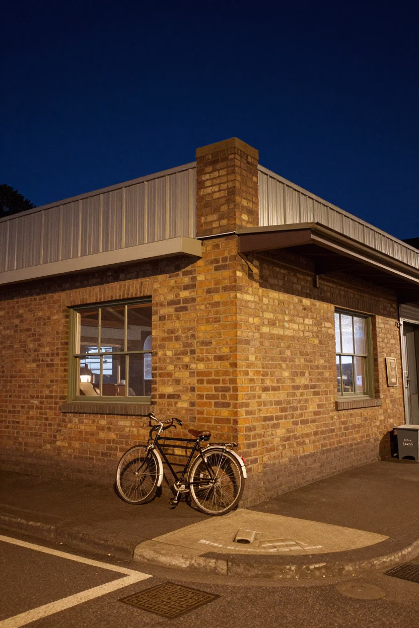 Vintage 1970s Melbourne Night Scene with Bicycle and Warehouse Aisle in in Melbourne, Victoria, Australia