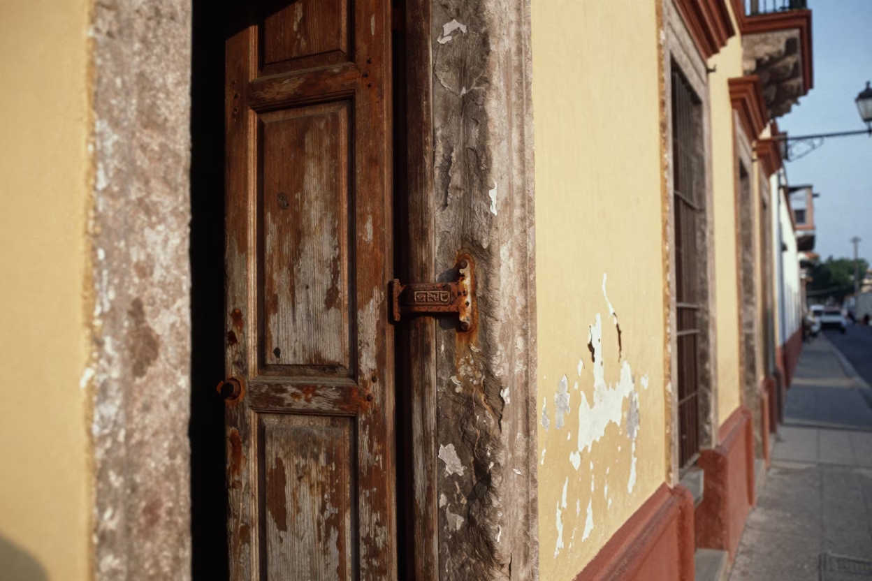 Vintage 1970s Merida Mexico Street Scene with Weathered Hinge and Local Commerce in in Merida, Mexico