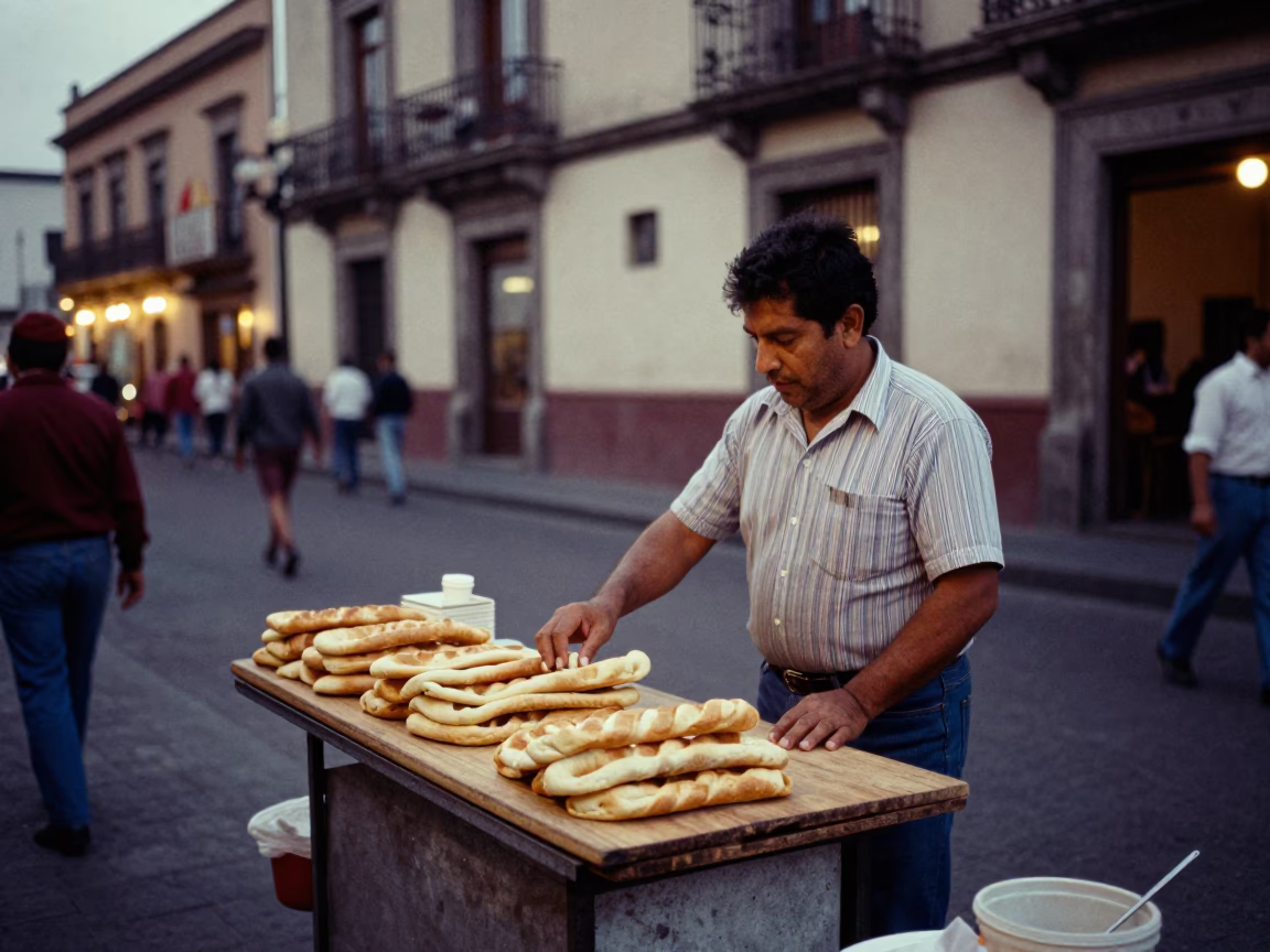 Vintage 1970s Mexico City Street Scene with Food Vendor and Bustling Urban Evening Atmosphere in in Mexico City, Mexico