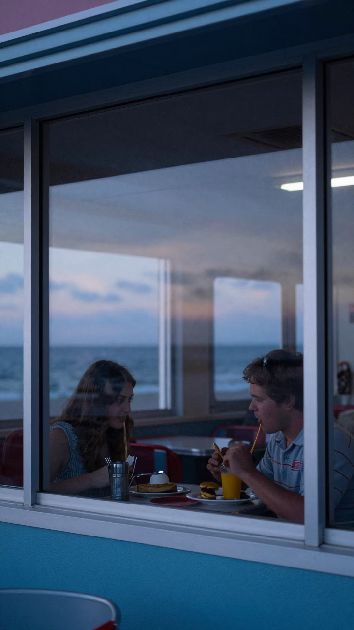 Vintage 1970s Miami Beach Breakfast Scene with Cutlery and Steam Before Sunrise in in Miami, Florida, United States