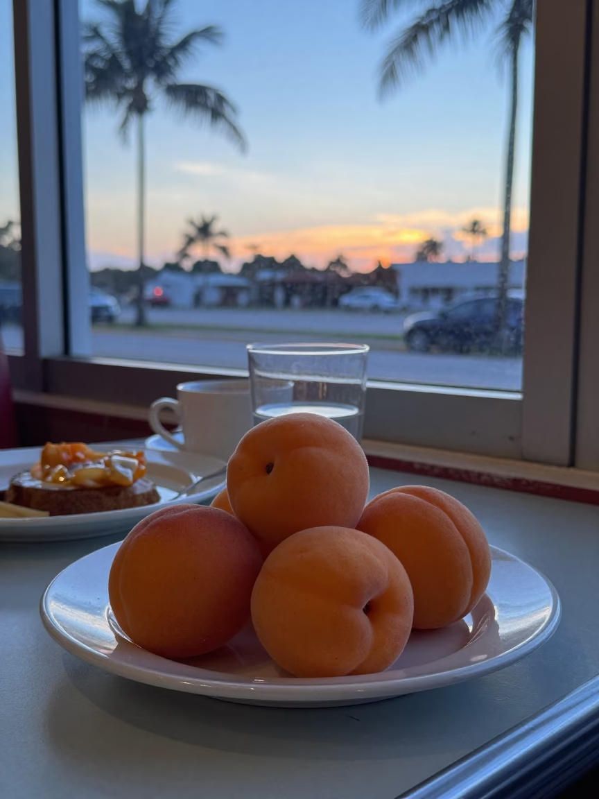 Vintage 1970s Miami Breakfast Scene with Apricots and Morning Light Before Sunrise in in Miami, Florida, United States