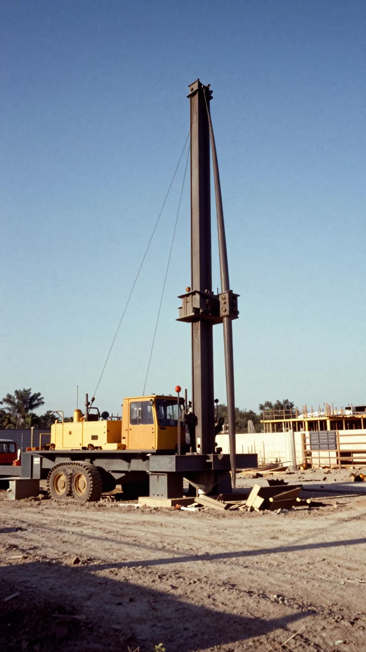 Vintage 1970s Miami Construction Site Pile Driver in Late Afternoon Light in in Miami, Florida, United States