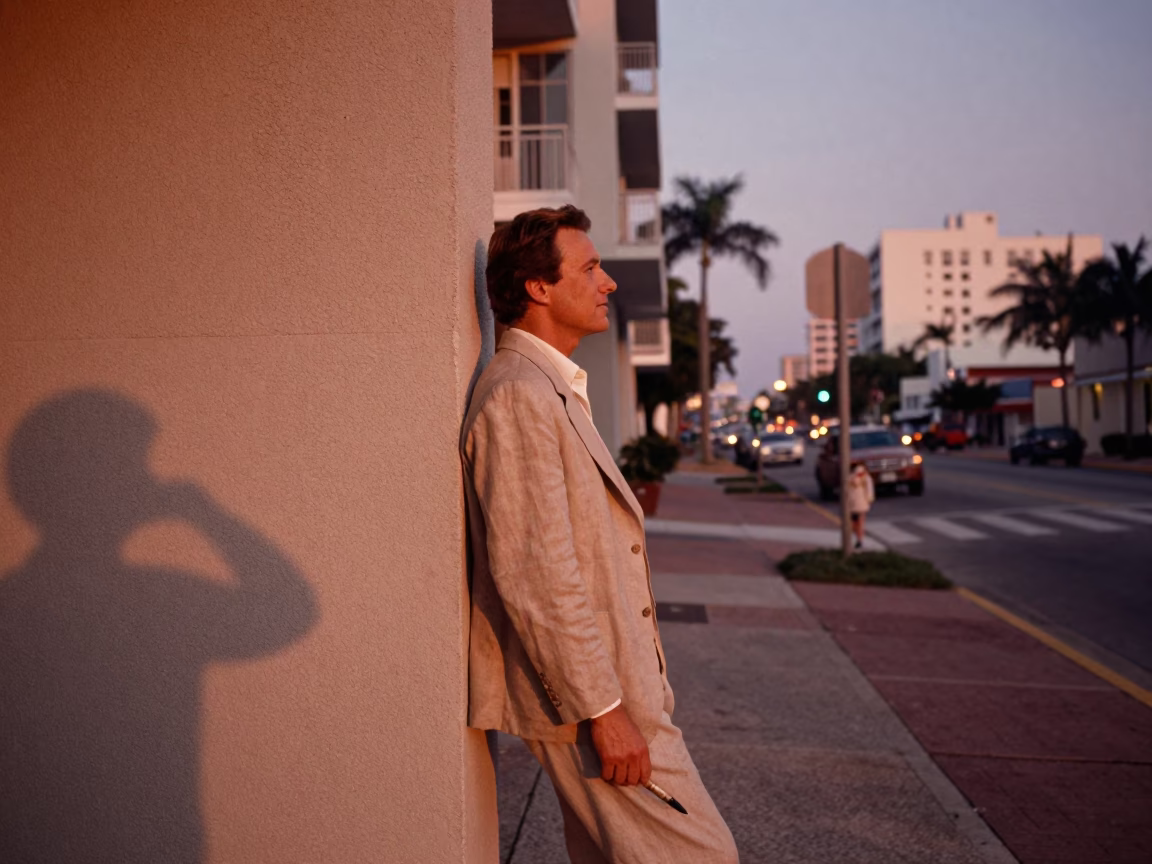 Vintage 1970s Miami Florida Dusk Street Scene with Fountain Pen and Glass Edge in in Miami, Florida, United States