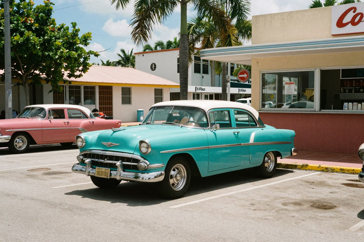 Vintage 1970s Miami Florida Midmorning Street Scene with Classic Cars and Local Life in in Miami, Florida, United States