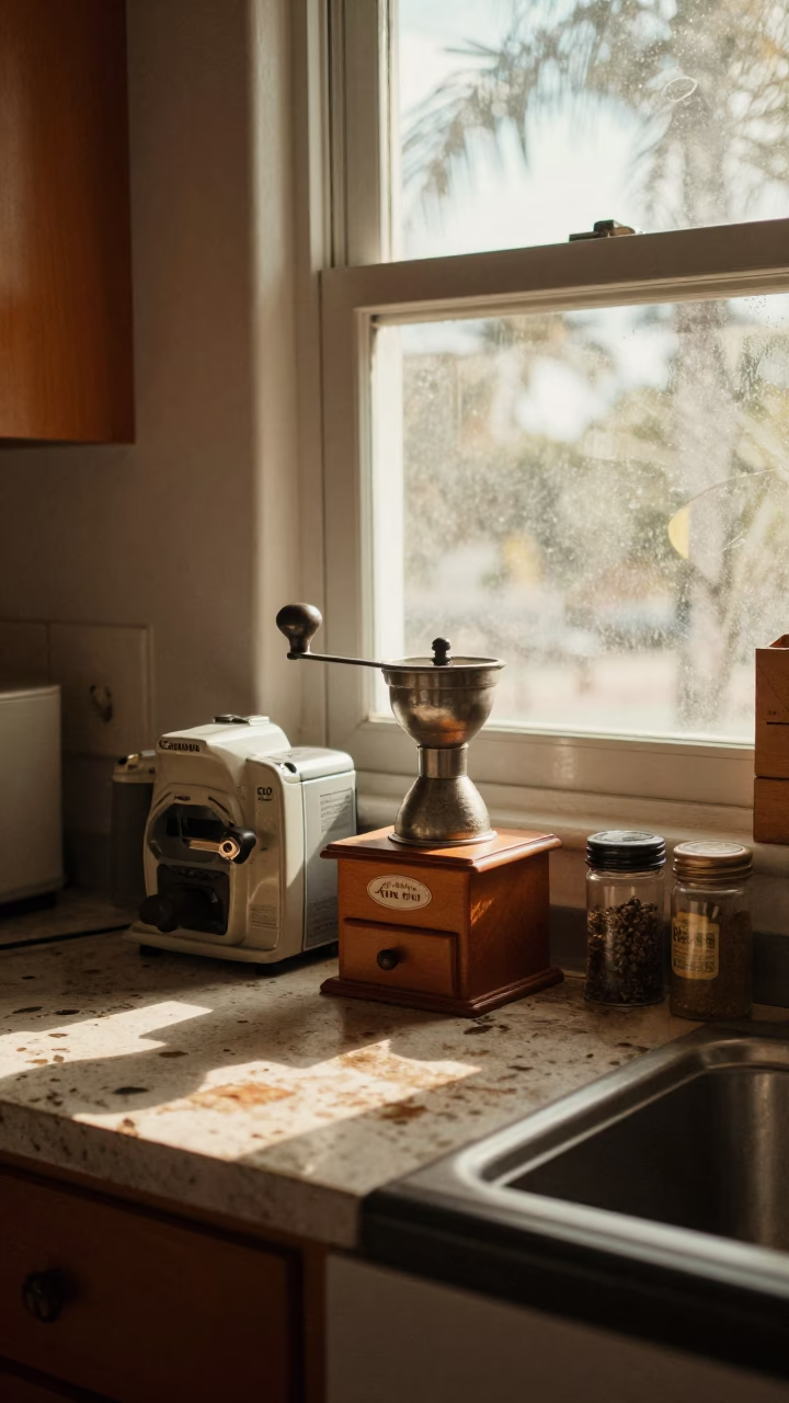 Vintage 1970s Miami Kitchen Scene with Coffee Grinder and Spice Jars at Sunrise in in Miami, Florida, United States