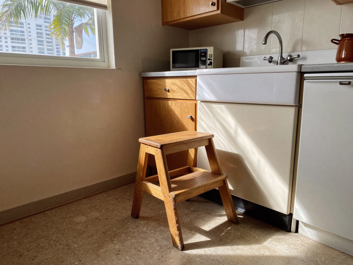 Vintage 1970s Miami Kitchen Scene with Step Stool and Glass Vase in in Miami, Florida, United States