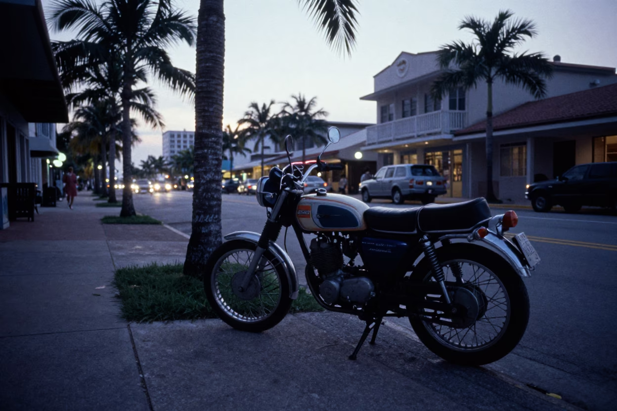 Vintage 1970s Miami Street Scene Before Dawn with Motorcycle and Coastal Highway Overpass in in Miami, Florida, United States