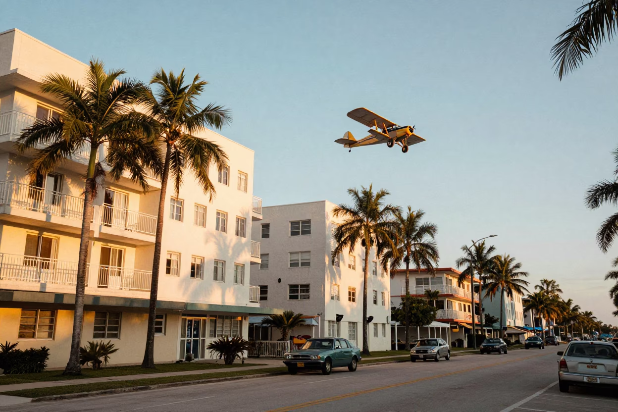 Vintage 1970s Miami Street Scene with Biplane Flying Low Over Palm Trees at Sunrise in in Miami, Florida, United States