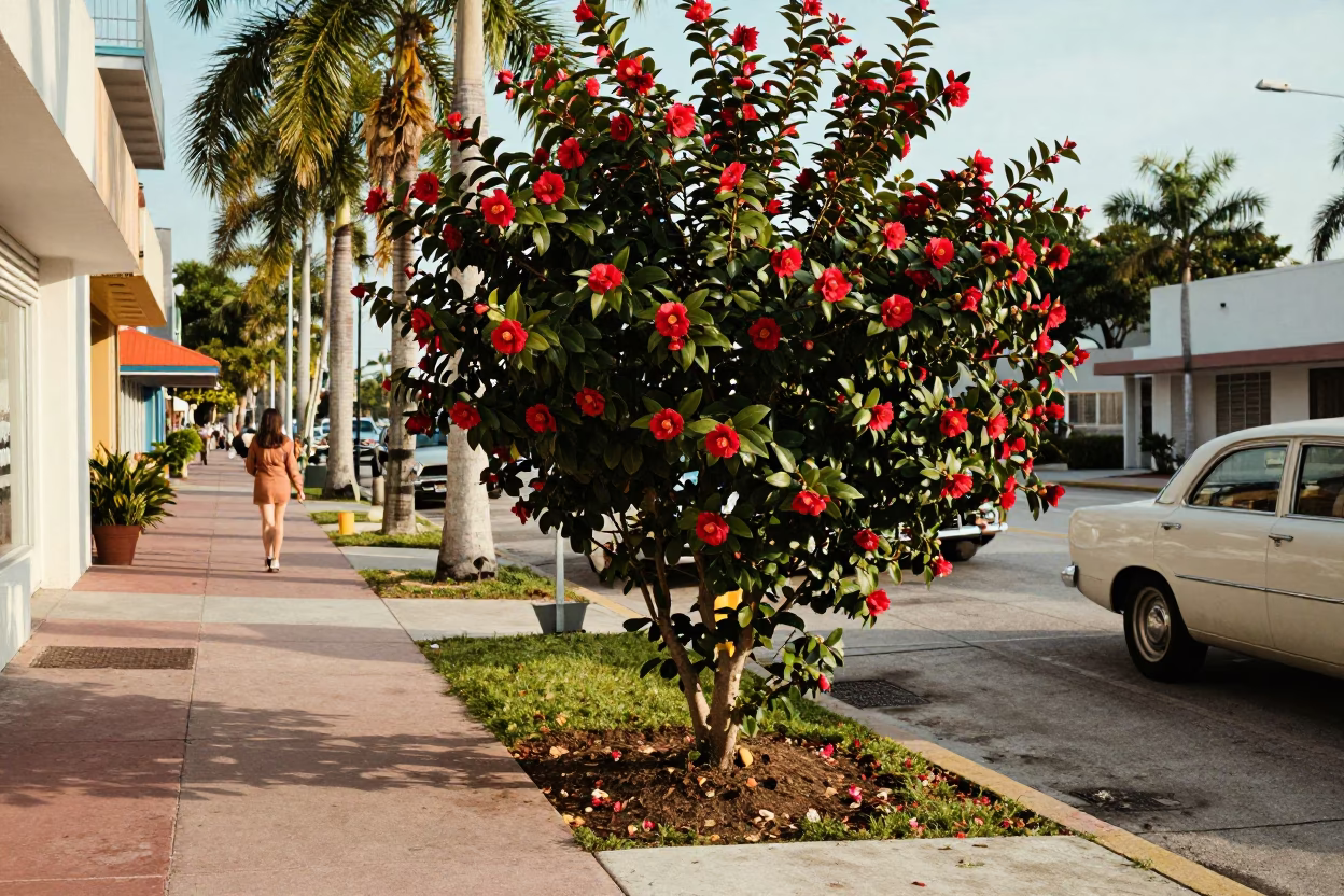 Vintage 1970s Miami Street Scene with Camellia Bush and Morning Light in in Miami, Florida, United States