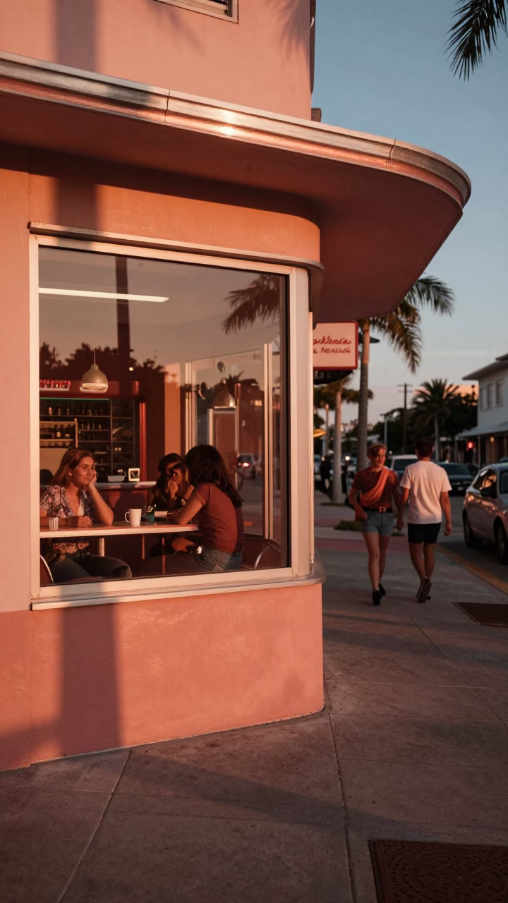 Vintage 1970s Miami Street Scene with Copper Sunset Light and Local Diners in in Miami, Florida, United States