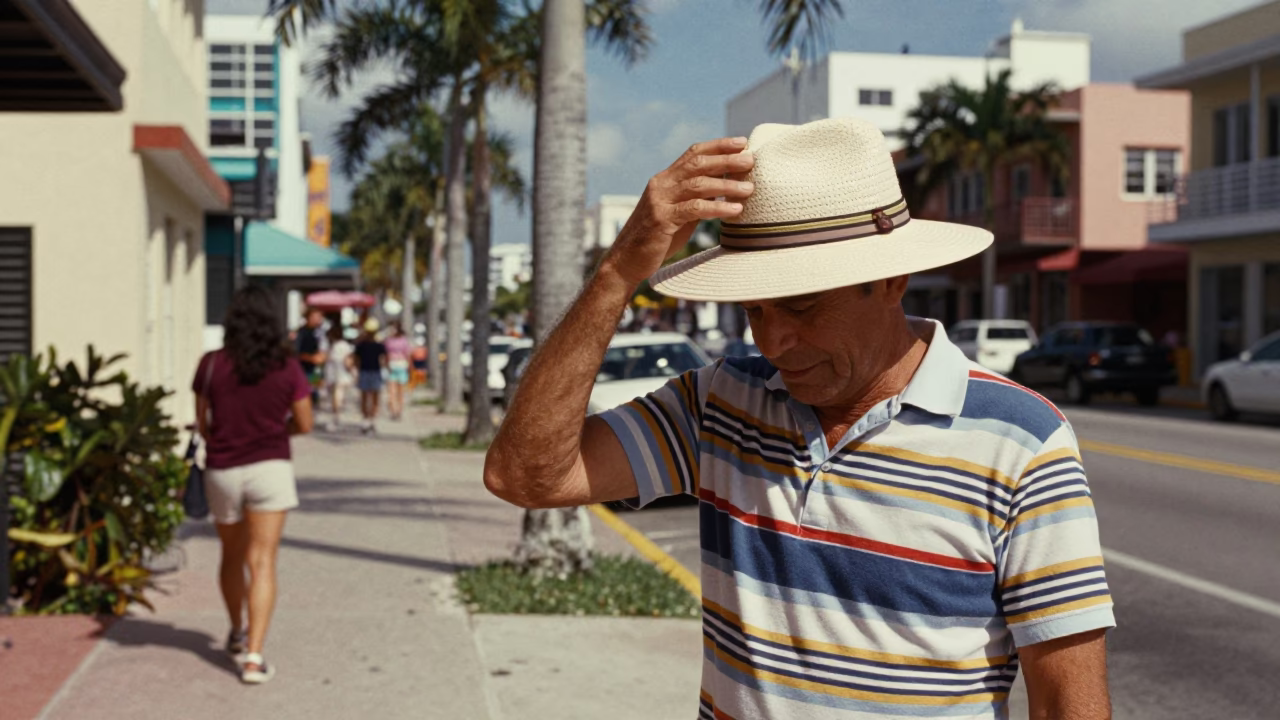 Vintage 1970s Miami Street Scene with Sun Hat and Leather Basketball in in Miami, Florida, United States