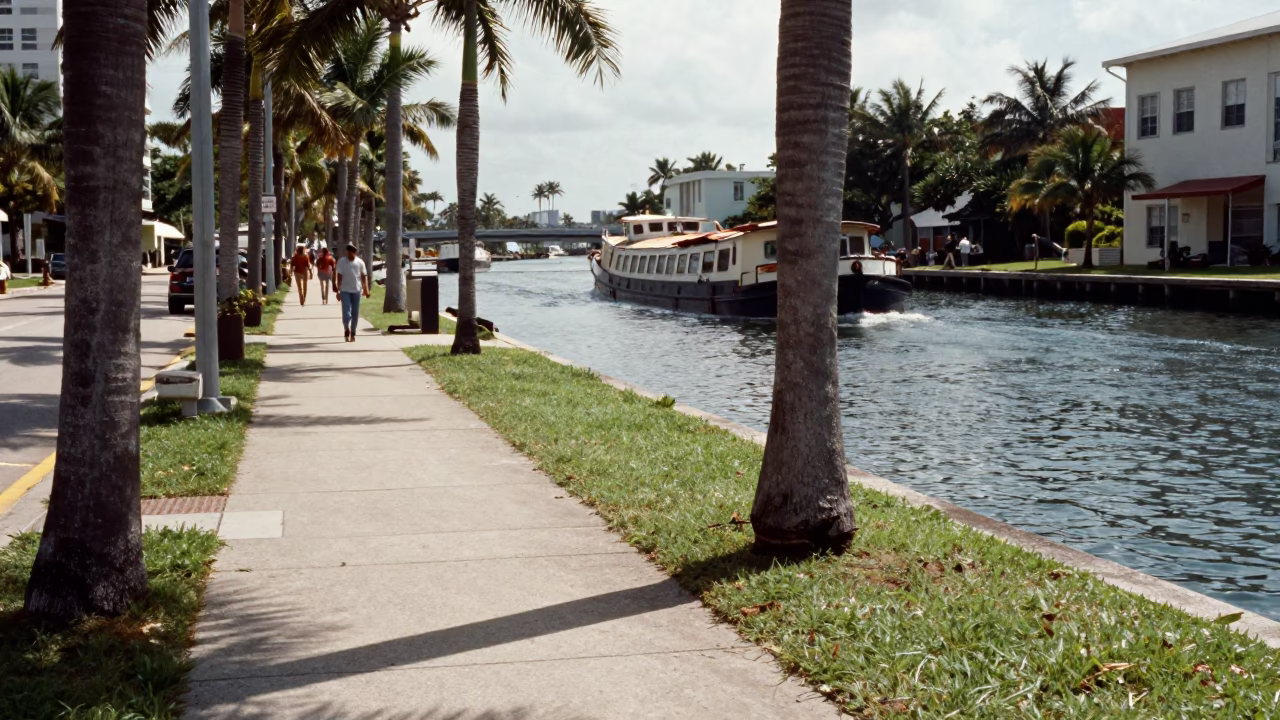 Vintage 1970s Miami Street Scene with Sunlight and Canal Barge in in Miami, Florida, United States