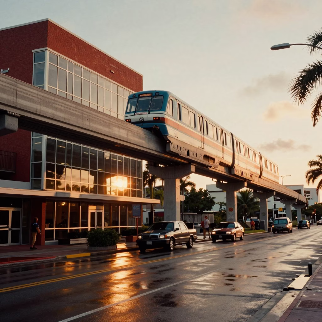Vintage 1970s Miami Sunset Street Scene with Monorail and Brick Architecture in in Miami, Florida, United States