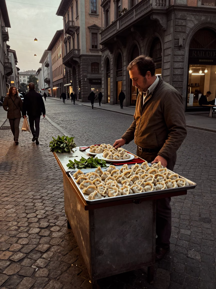 Vintage 1970s Milan Evening Street Scene with Manti Dumplings and Mint Leaves in in Milan, Italy